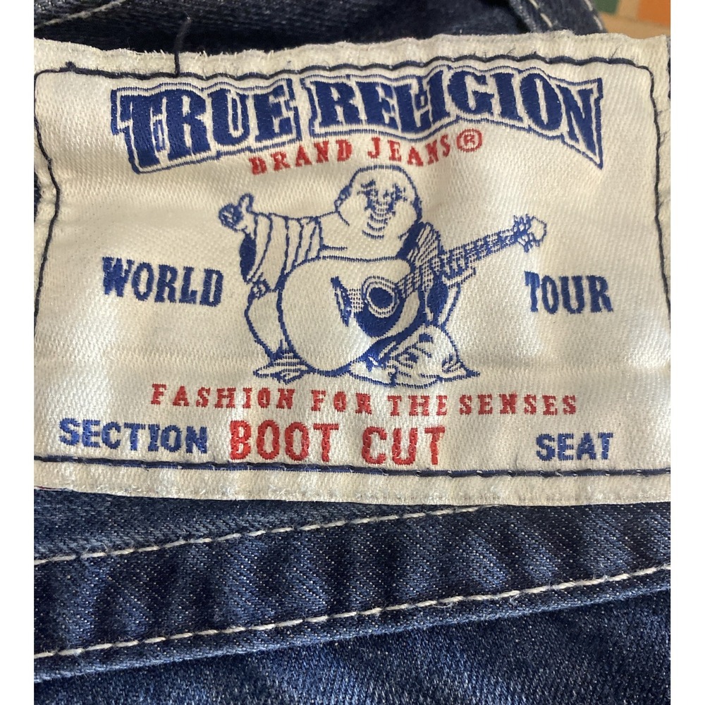 True Religion Boot Cut Blue Denim Jeans Men's Size 42x32 Wide Leg Flap Pockets - Picture 2 of 16